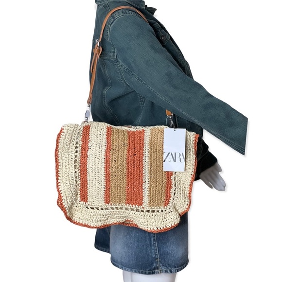 Zara Tote Woven jute Handbag striped Bag Orange Beige Shoulder Bag NWT